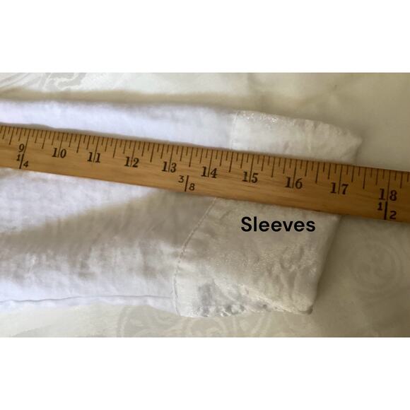 Chicos Jacket Sz 2 laminated White 3/4 Sleeve Open Front Frayed Edges - Picture 4 of 7